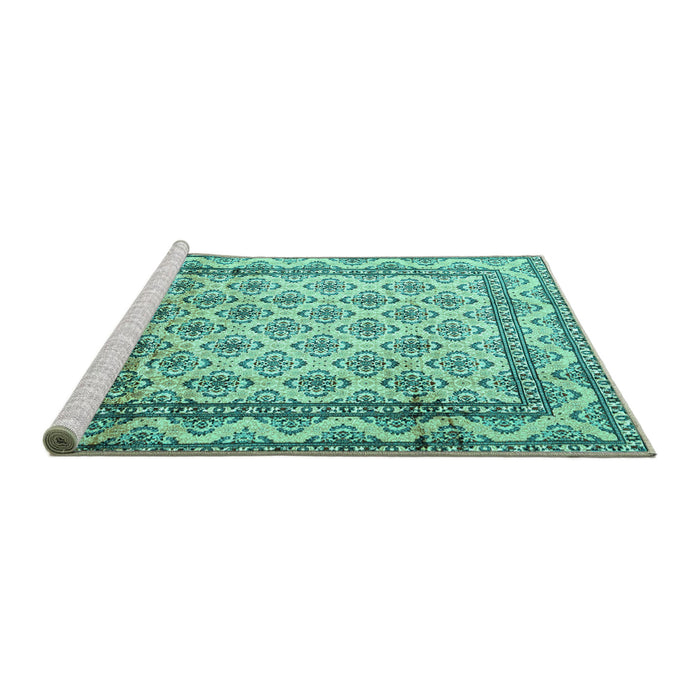 Sideview of Machine Washable Persian Turquoise Traditional Area Rugs, wshtr1253turq