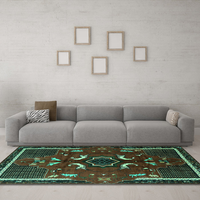 Machine Washable Persian Turquoise Traditional Area Rugs in a Living Room,, wshtr1254turq