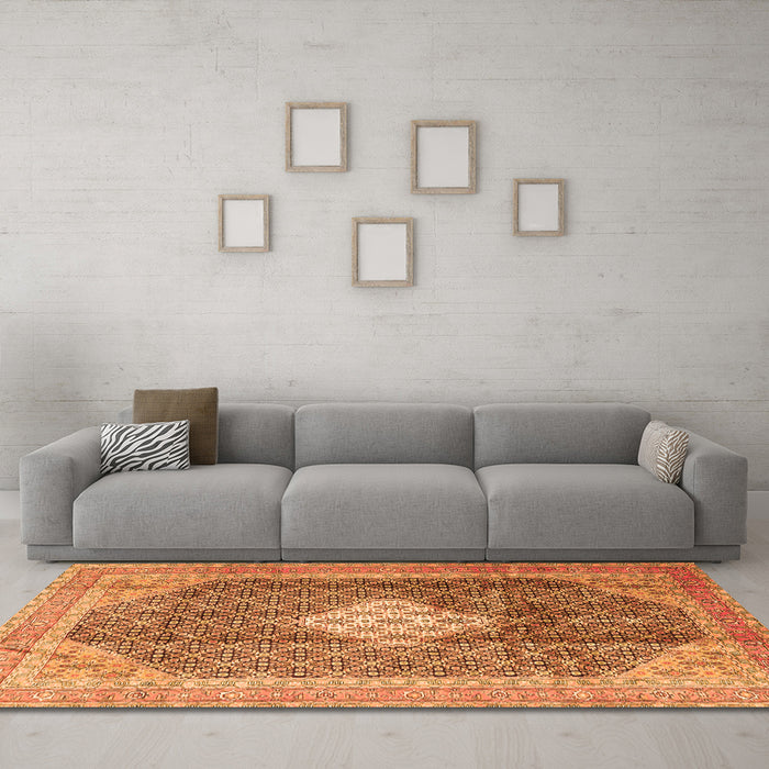 Machine Washable Medallion Orange Traditional Area Rugs in a Living Room, wshtr1255org