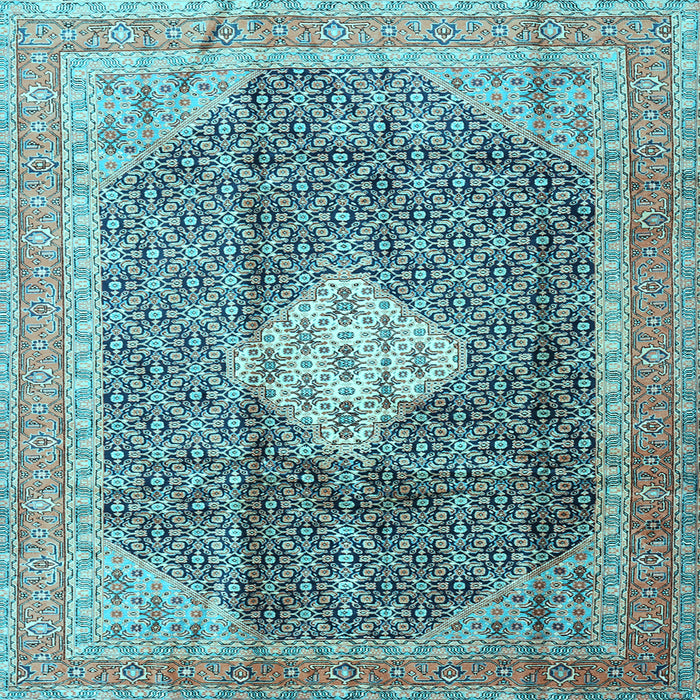 Square Machine Washable Medallion Light Blue Traditional Rug, wshtr1255lblu