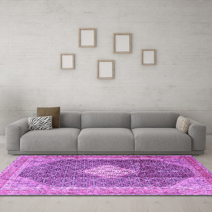 Machine Washable Medallion Purple Traditional Area Rugs in a Living Room, wshtr1255pur