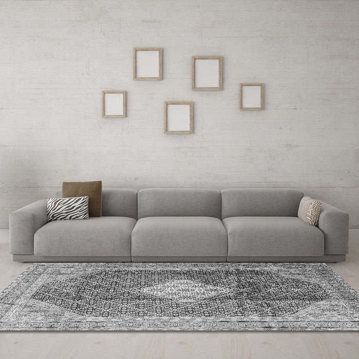 Machine Washable Medallion Gray Traditional Rug in a Living Room,, wshtr1255gry