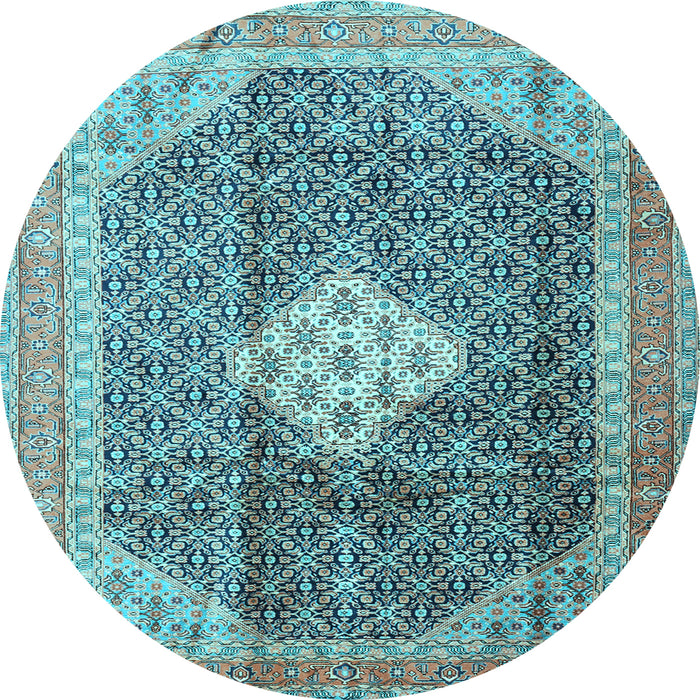 Round Machine Washable Medallion Light Blue Traditional Rug, wshtr1255lblu