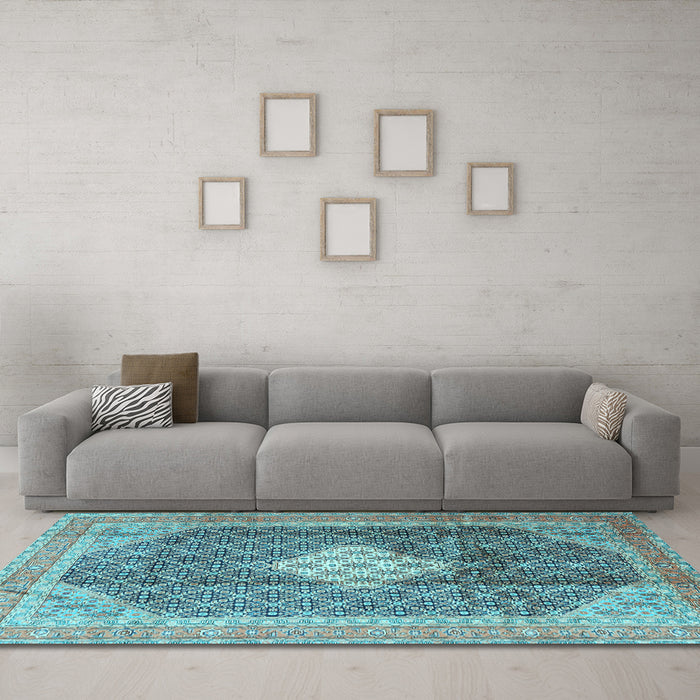 Machine Washable Medallion Light Blue Traditional Rug in a Living Room, wshtr1255lblu