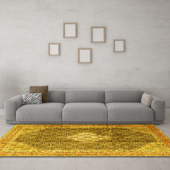 Machine Washable Medallion Yellow Traditional Rug in a Living Room, wshtr1255yw