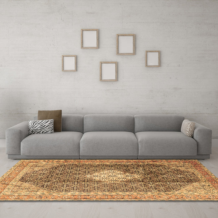 Machine Washable Medallion Brown Traditional Rug in a Living Room,, wshtr1255brn