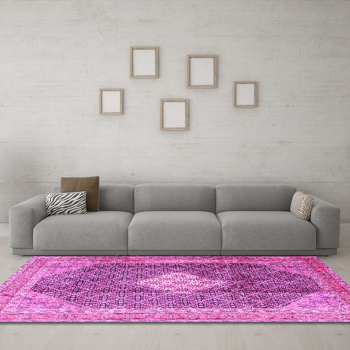 Machine Washable Medallion Pink Traditional Rug in a Living Room, wshtr1255pnk