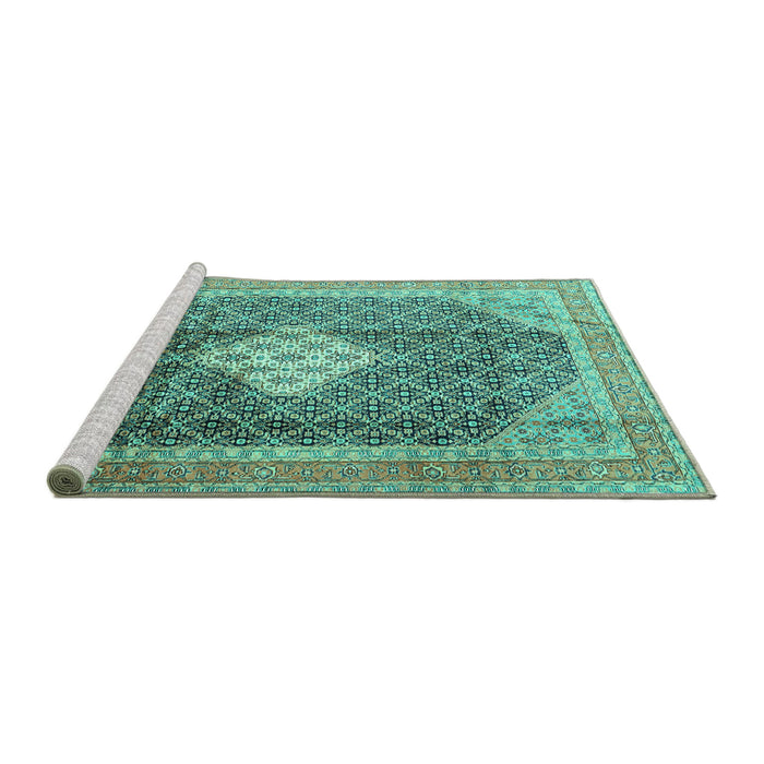 Sideview of Machine Washable Medallion Turquoise Traditional Area Rugs, wshtr1255turq
