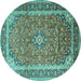 Round Machine Washable Medallion Turquoise Traditional Area Rugs, wshtr1256turq