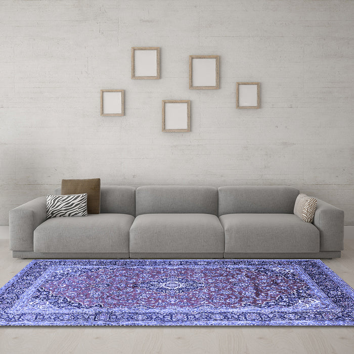 Machine Washable Medallion Blue Traditional Rug in a Living Room, wshtr1256blu