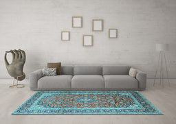 Machine Washable Medallion Light Blue Traditional Rug in a Living Room, wshtr1256lblu