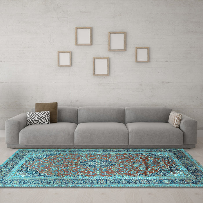 Machine Washable Medallion Light Blue Traditional Rug in a Living Room, wshtr1256lblu