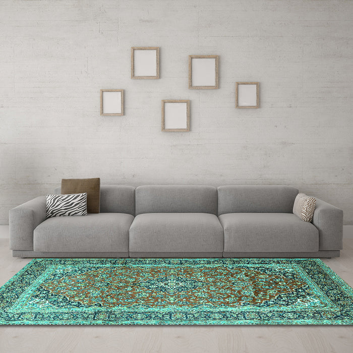 Machine Washable Medallion Turquoise Traditional Area Rugs in a Living Room,, wshtr1256turq
