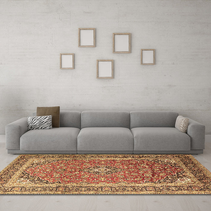 Machine Washable Medallion Brown Traditional Rug in a Living Room,, wshtr1256brn