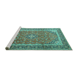 Sideview of Machine Washable Medallion Turquoise Traditional Area Rugs, wshtr1256turq