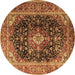 Round Machine Washable Medallion Brown Traditional Rug, wshtr1257brn