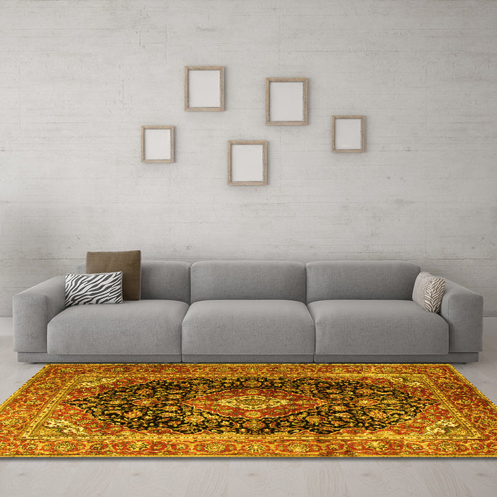 Machine Washable Medallion Yellow Traditional Rug in a Living Room, wshtr1257yw
