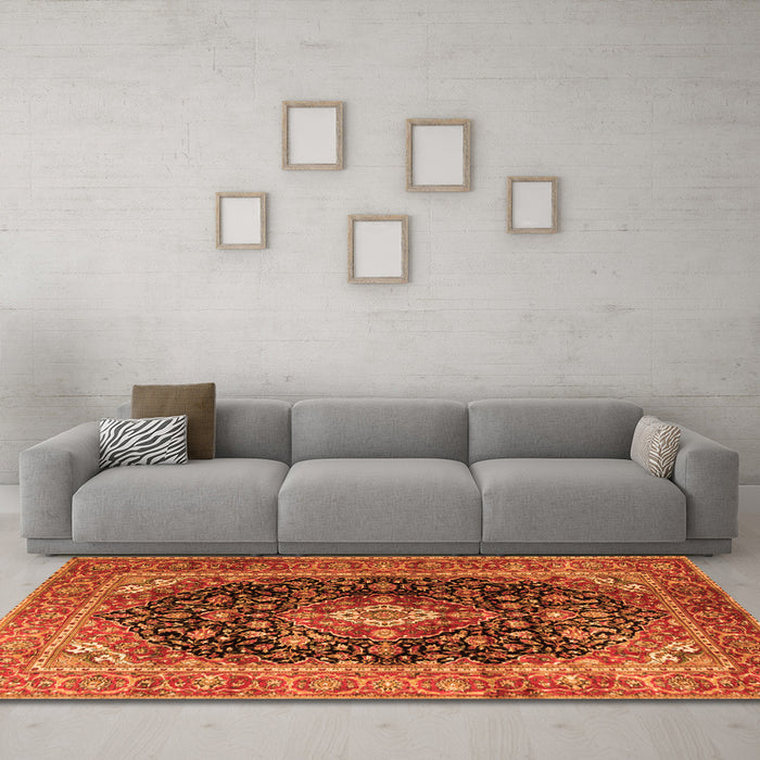Machine Washable Medallion Orange Traditional Area Rugs in a Living Room, wshtr1257org