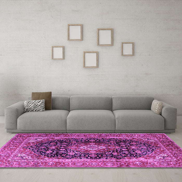 Machine Washable Medallion Purple Traditional Area Rugs in a Living Room, wshtr1257pur