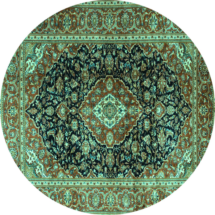 Round Machine Washable Medallion Turquoise Traditional Area Rugs, wshtr1257turq