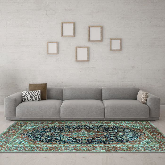 Machine Washable Medallion Light Blue Traditional Rug in a Living Room, wshtr1257lblu
