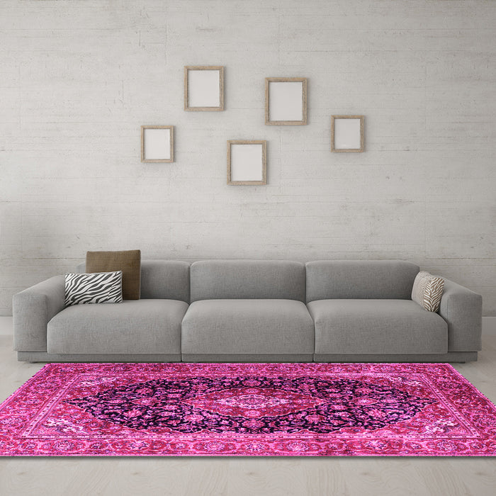 Machine Washable Medallion Pink Traditional Rug in a Living Room, wshtr1257pnk