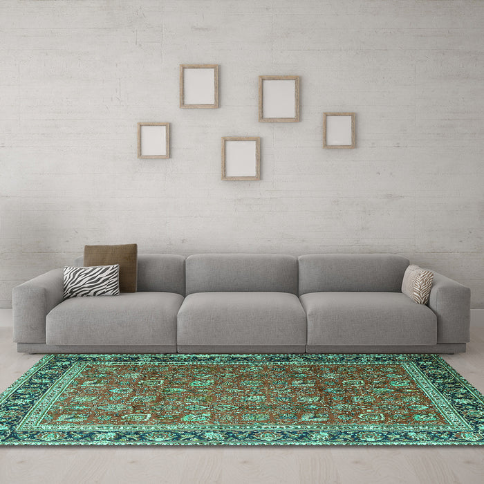Machine Washable Persian Turquoise Traditional Area Rugs in a Living Room,, wshtr1258turq