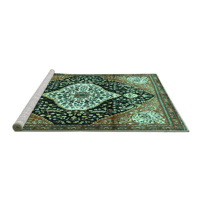 Sideview of Machine Washable Persian Turquoise Traditional Area Rugs, wshtr1261turq