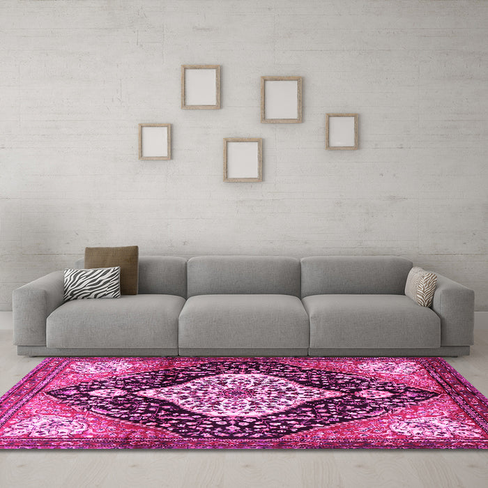 Machine Washable Persian Pink Traditional Rug in a Living Room, wshtr1261pnk
