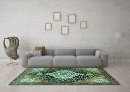 Machine Washable Persian Turquoise Traditional Area Rugs in a Living Room,, wshtr1261turq