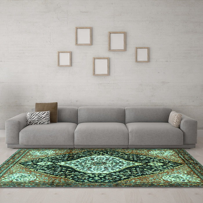 Machine Washable Persian Turquoise Traditional Area Rugs in a Living Room,, wshtr1261turq