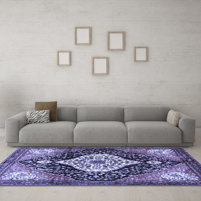 Machine Washable Persian Blue Traditional Rug in a Living Room, wshtr1261blu