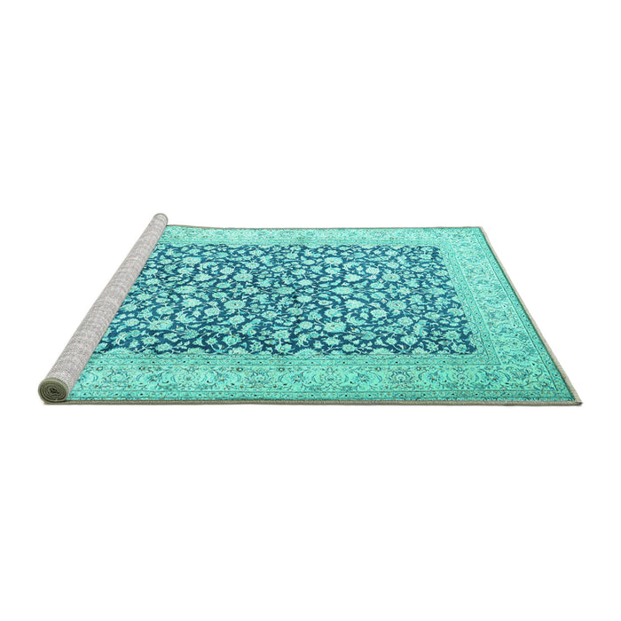 Sideview of Machine Washable Persian Turquoise Traditional Area Rugs, wshtr1263turq