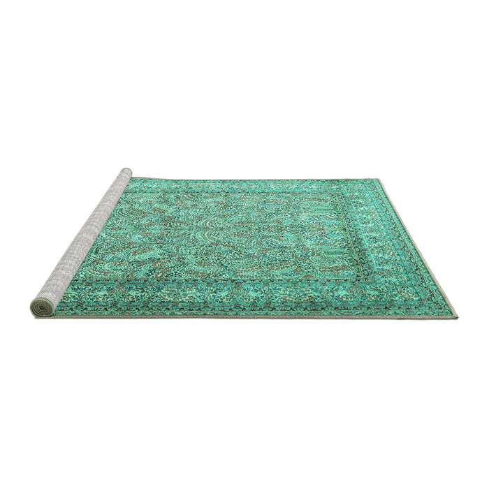 Sideview of Machine Washable Persian Turquoise Traditional Area Rugs, wshtr1264turq