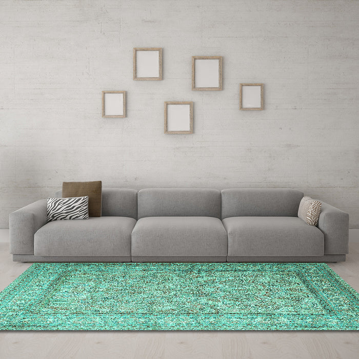 Machine Washable Persian Turquoise Traditional Area Rugs in a Living Room,, wshtr1264turq