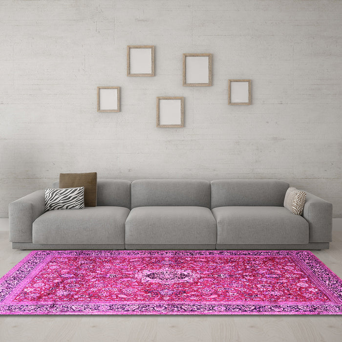 Machine Washable Medallion Pink Traditional Rug in a Living Room, wshtr1265pnk