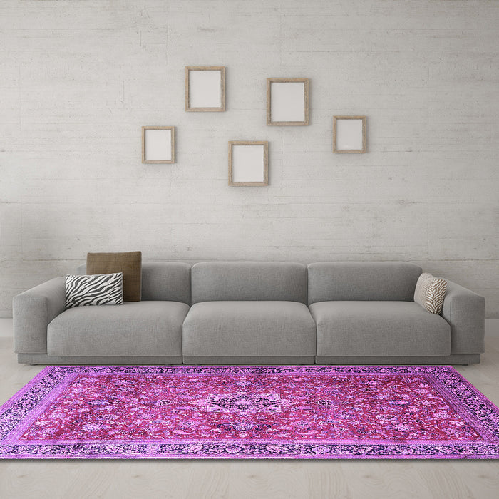 Machine Washable Medallion Purple Traditional Area Rugs in a Living Room, wshtr1265pur