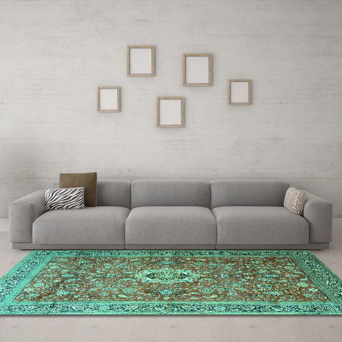 Machine Washable Medallion Turquoise Traditional Area Rugs in a Living Room,, wshtr1265turq