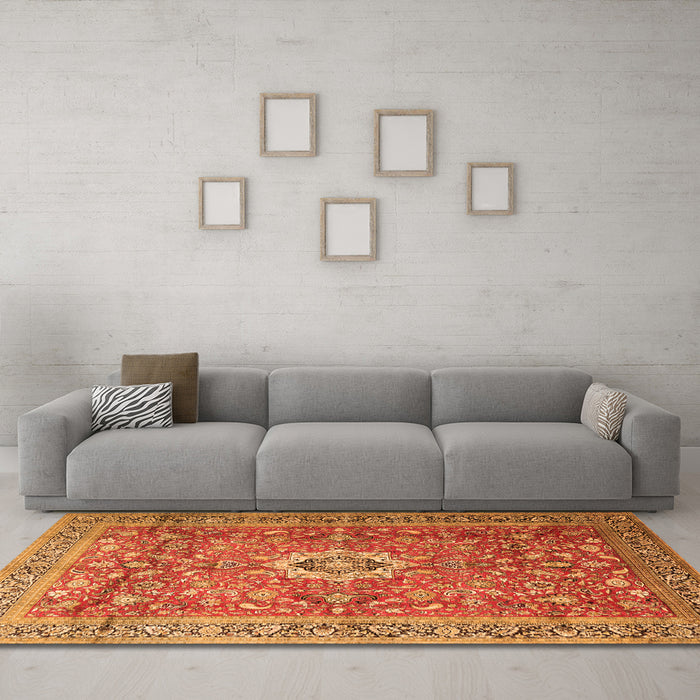 Machine Washable Medallion Orange Traditional Area Rugs in a Living Room, wshtr1265org