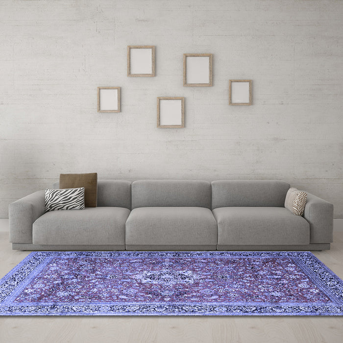 Machine Washable Medallion Blue Traditional Rug in a Living Room, wshtr1265blu