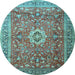 Round Machine Washable Medallion Light Blue Traditional Rug, wshtr1265lblu