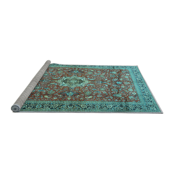 Sideview of Machine Washable Medallion Light Blue Traditional Rug, wshtr1265lblu