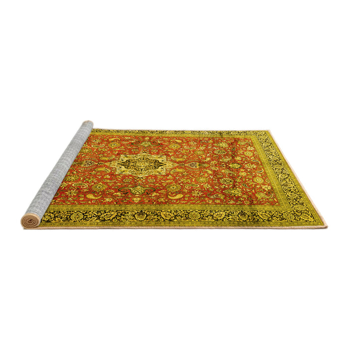 Sideview of Machine Washable Medallion Yellow Traditional Rug, wshtr1265yw
