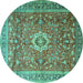 Round Machine Washable Medallion Turquoise Traditional Area Rugs, wshtr1265turq