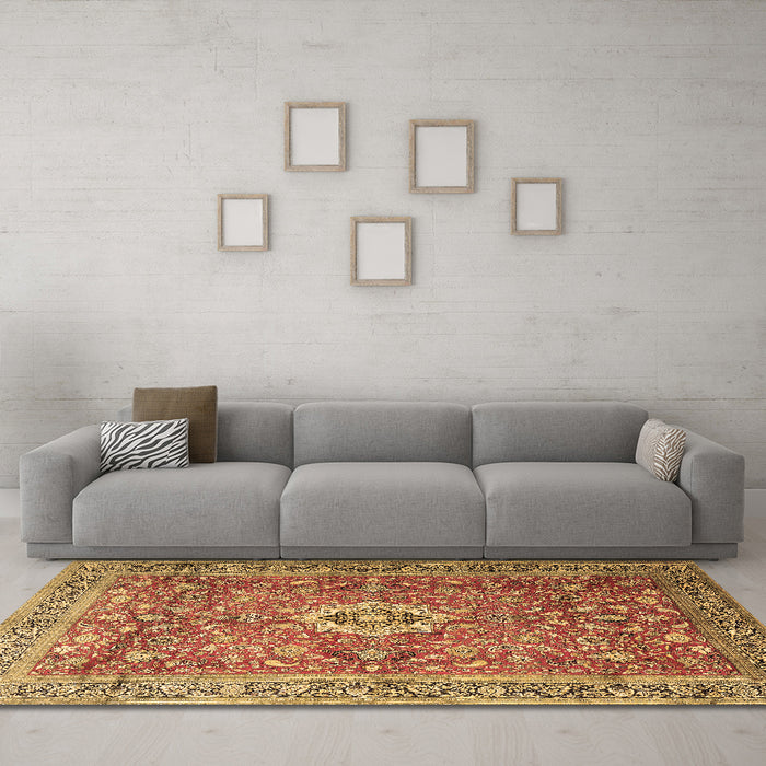 Machine Washable Medallion Brown Traditional Rug in a Living Room,, wshtr1265brn