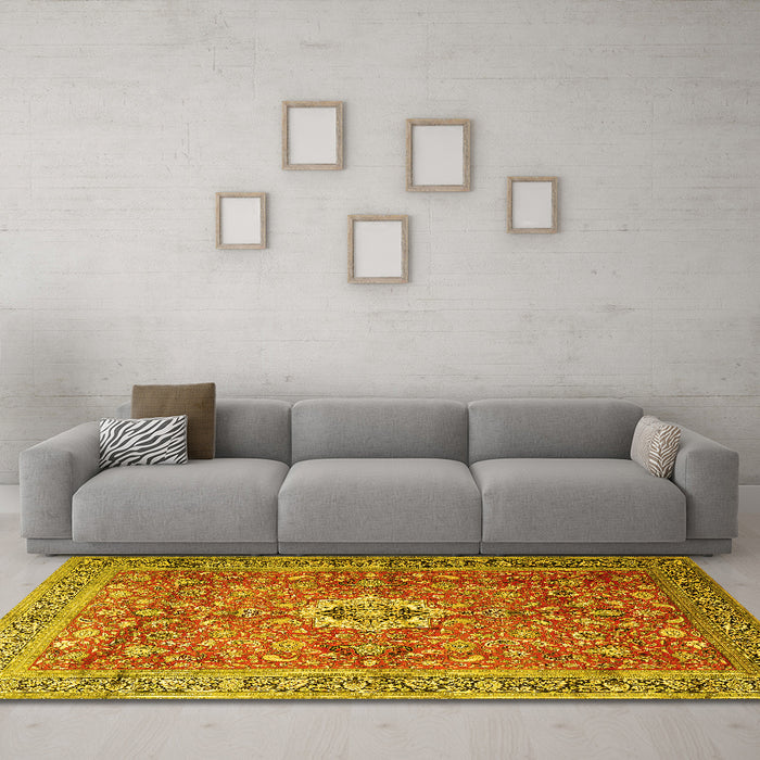 Machine Washable Medallion Yellow Traditional Rug in a Living Room, wshtr1265yw