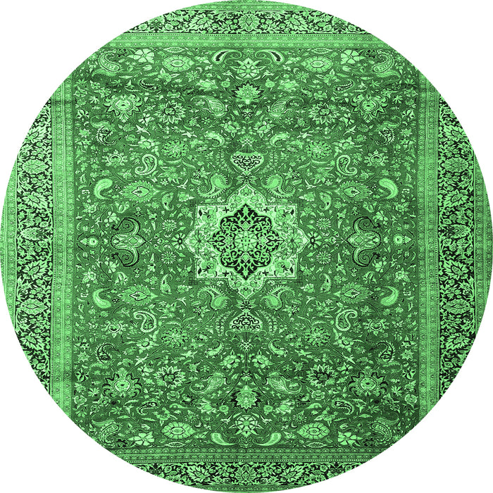 Round Machine Washable Medallion Emerald Green Traditional Area Rugs, wshtr1265emgrn