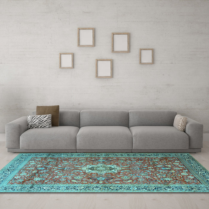 Machine Washable Medallion Light Blue Traditional Rug in a Living Room, wshtr1265lblu