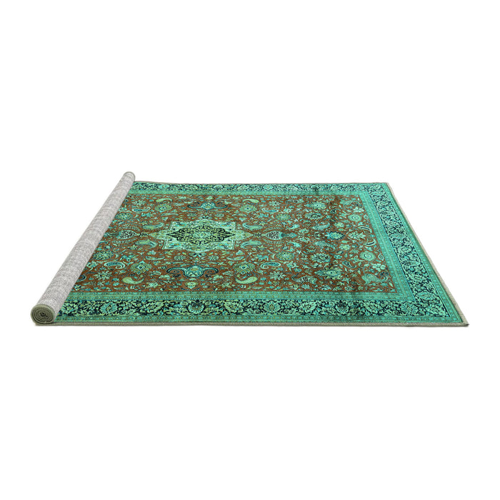 Sideview of Machine Washable Medallion Turquoise Traditional Area Rugs, wshtr1265turq