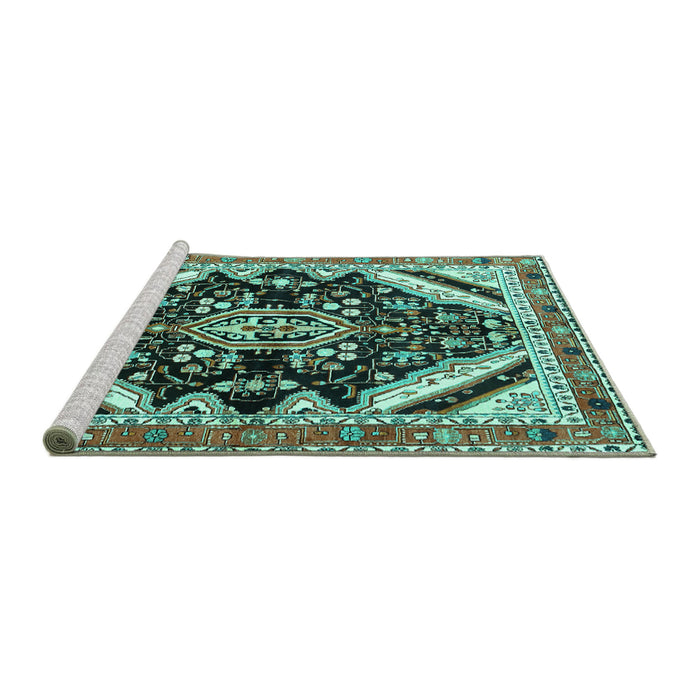 Sideview of Machine Washable Persian Turquoise Traditional Area Rugs, wshtr1266turq